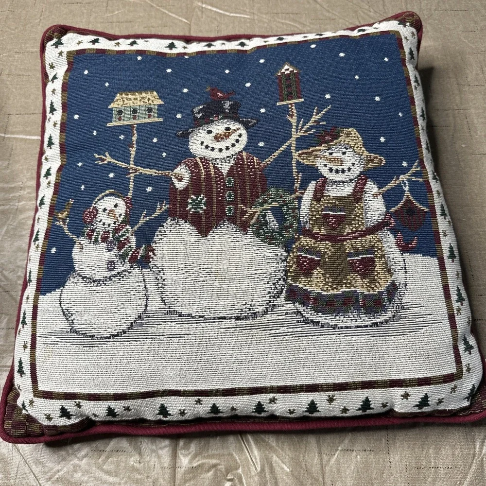 KenTex Tapestry Christmas Pillow Snowmen Birdhouse Made In USA Burgundy Blue